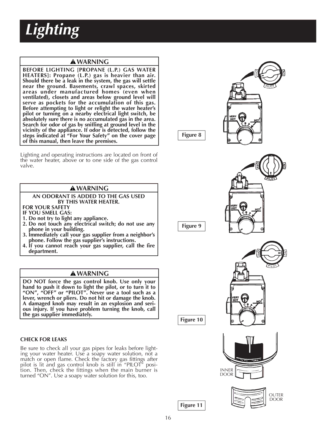 Reliance Water Heaters 184123-000 instruction manual Lighting, Check for Leaks 