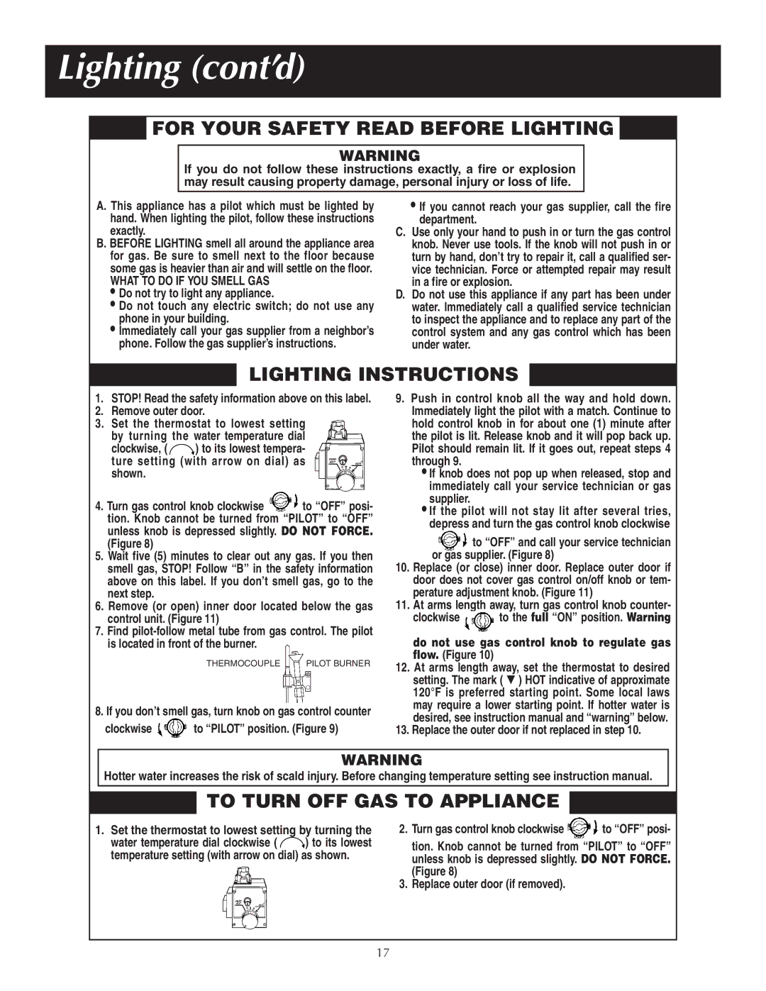 Reliance Water Heaters 184123-000 instruction manual Lighting cont’d, For Your Safety Read Before Lighting 