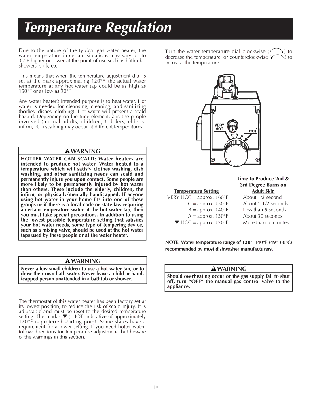 Reliance Water Heaters 184123-000 instruction manual Temperature Regulation, Temperature Setting 