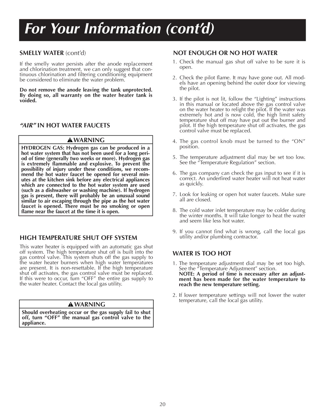 Reliance Water Heaters 184123-000 For Your Information cont’d, AIR in HOT Water Faucets, High Temperature Shut OFF System 