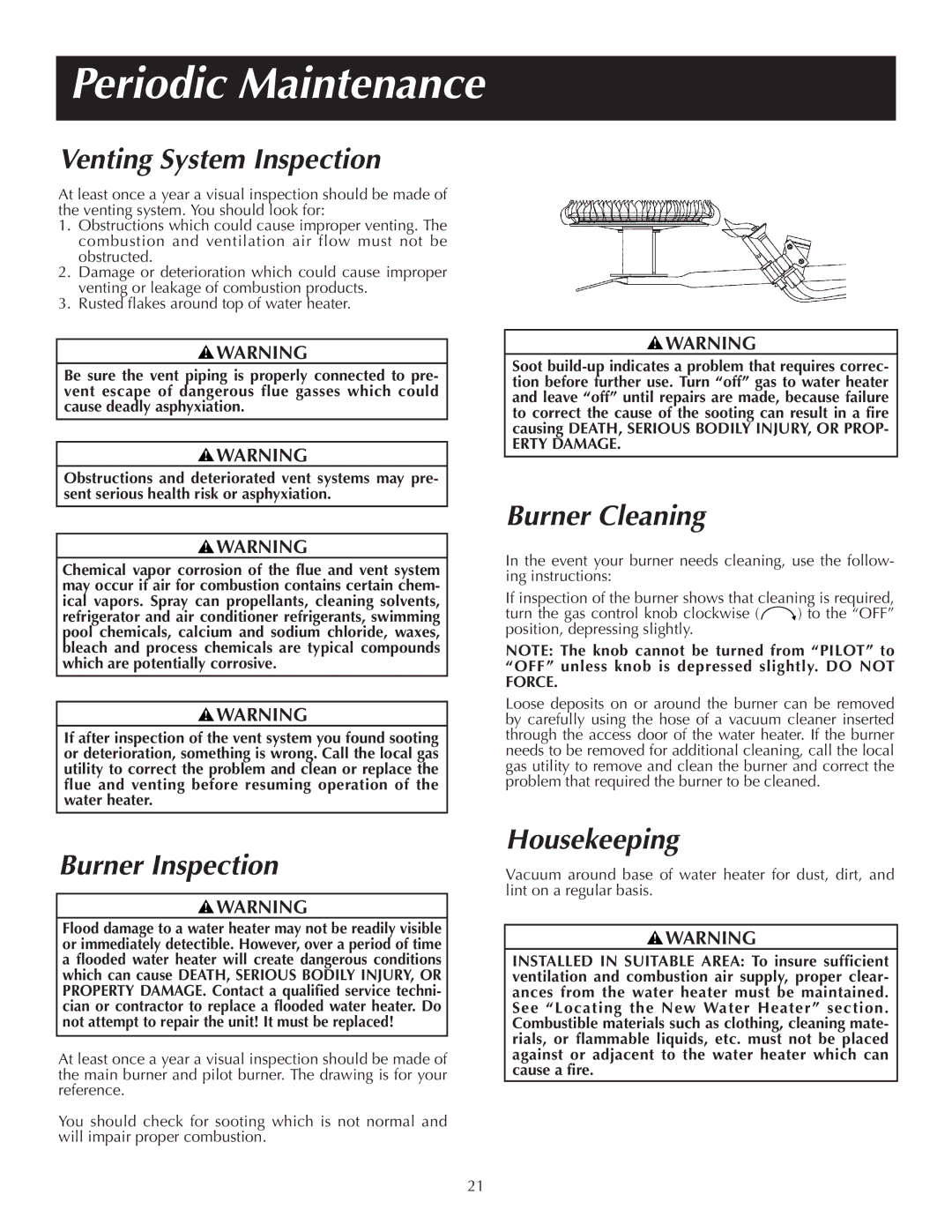 Reliance Water Heaters 184123-000 Periodic Maintenance, Venting System Inspection, Burner Cleaning, Burner Inspection 