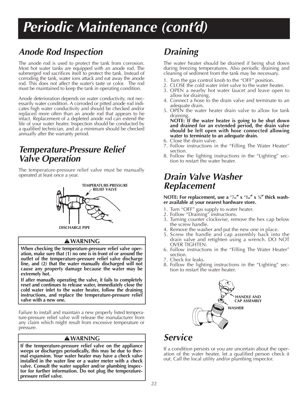 Reliance Water Heaters 184123-000 instruction manual Periodic Maintenance cont’d 