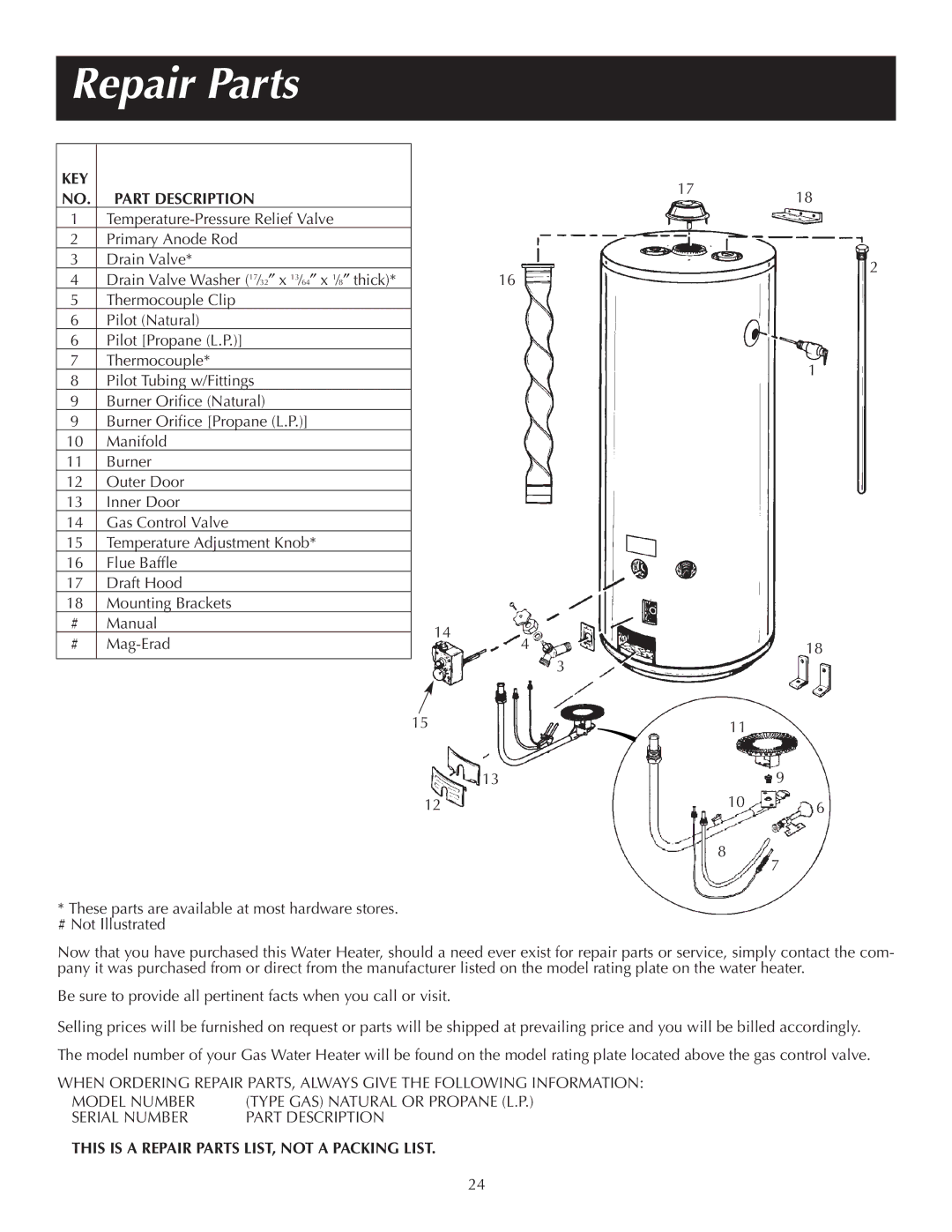 Reliance Water Heaters 184123-000 KEY Part Description, This is a Repair Parts LIST, not a Packing List 