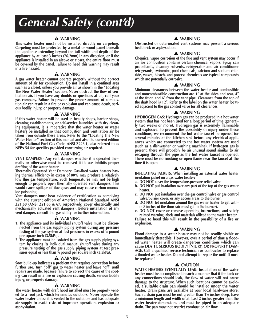 Reliance Water Heaters 184123-000 instruction manual General Safety cont’d 