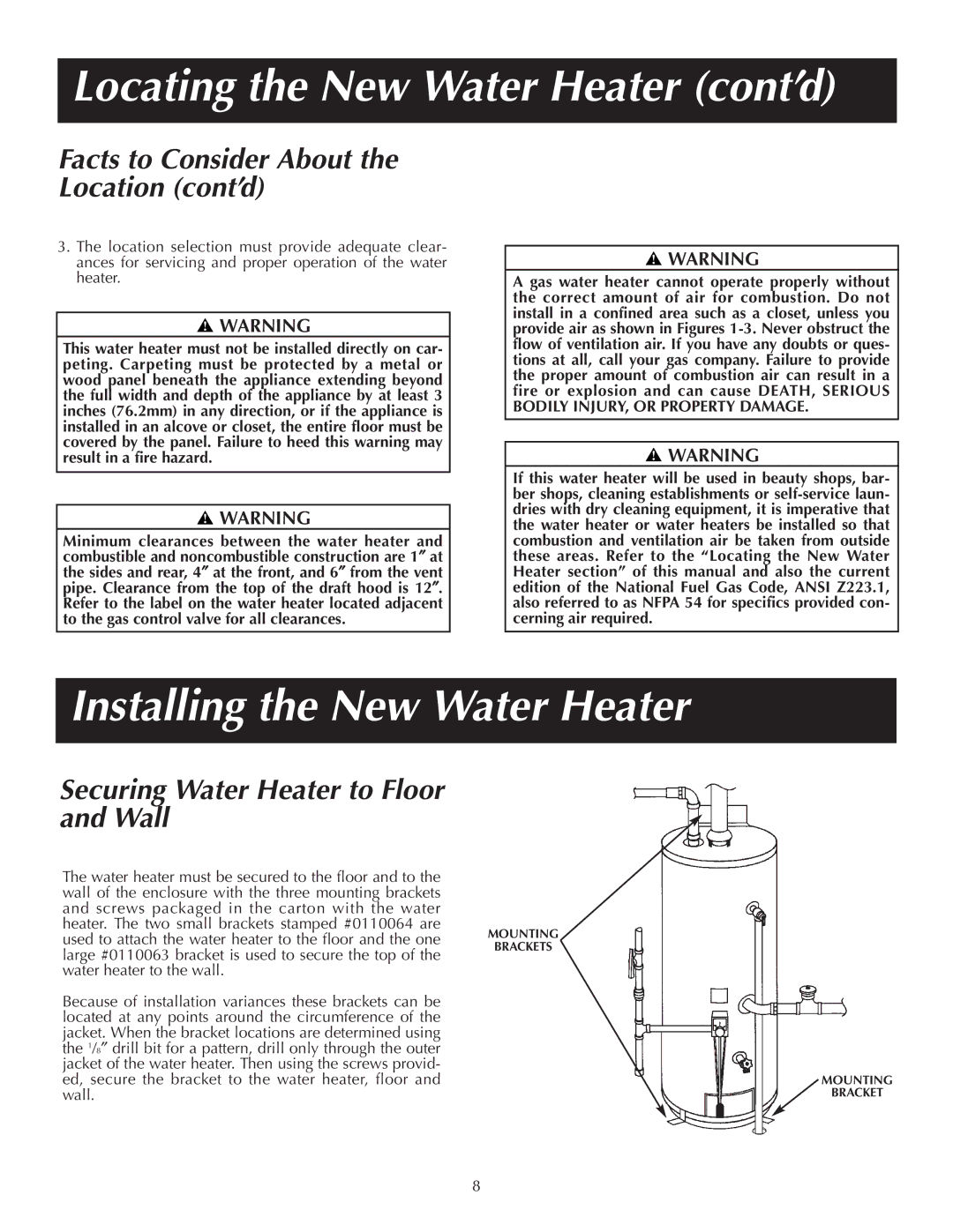 Reliance Water Heaters 184123-000 instruction manual Locating the New Water Heater cont’d, Installing the New Water Heater 