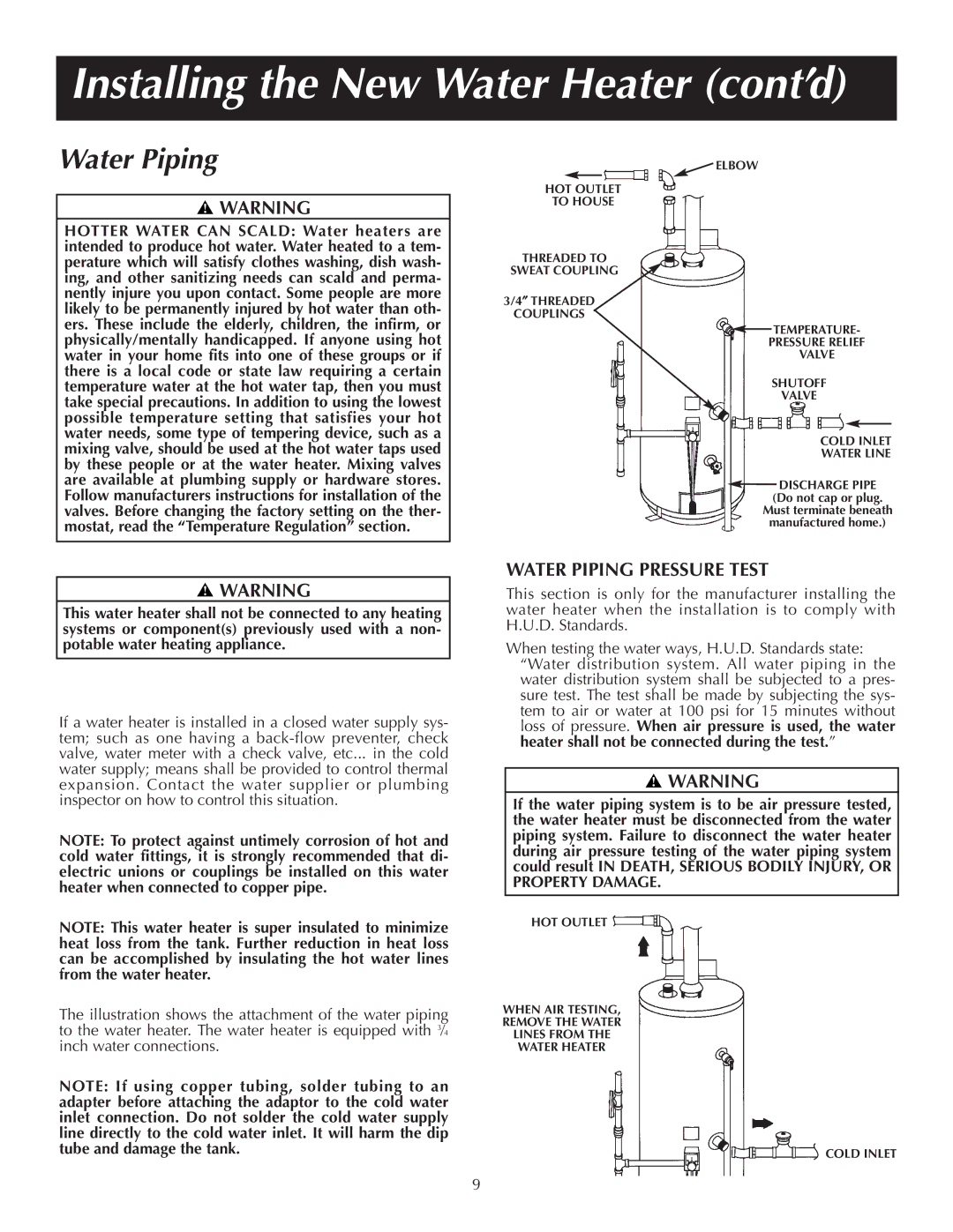 Reliance Water Heaters 184123-000 instruction manual Installing the New Water Heater cont’d, Water Piping Pressure Test 