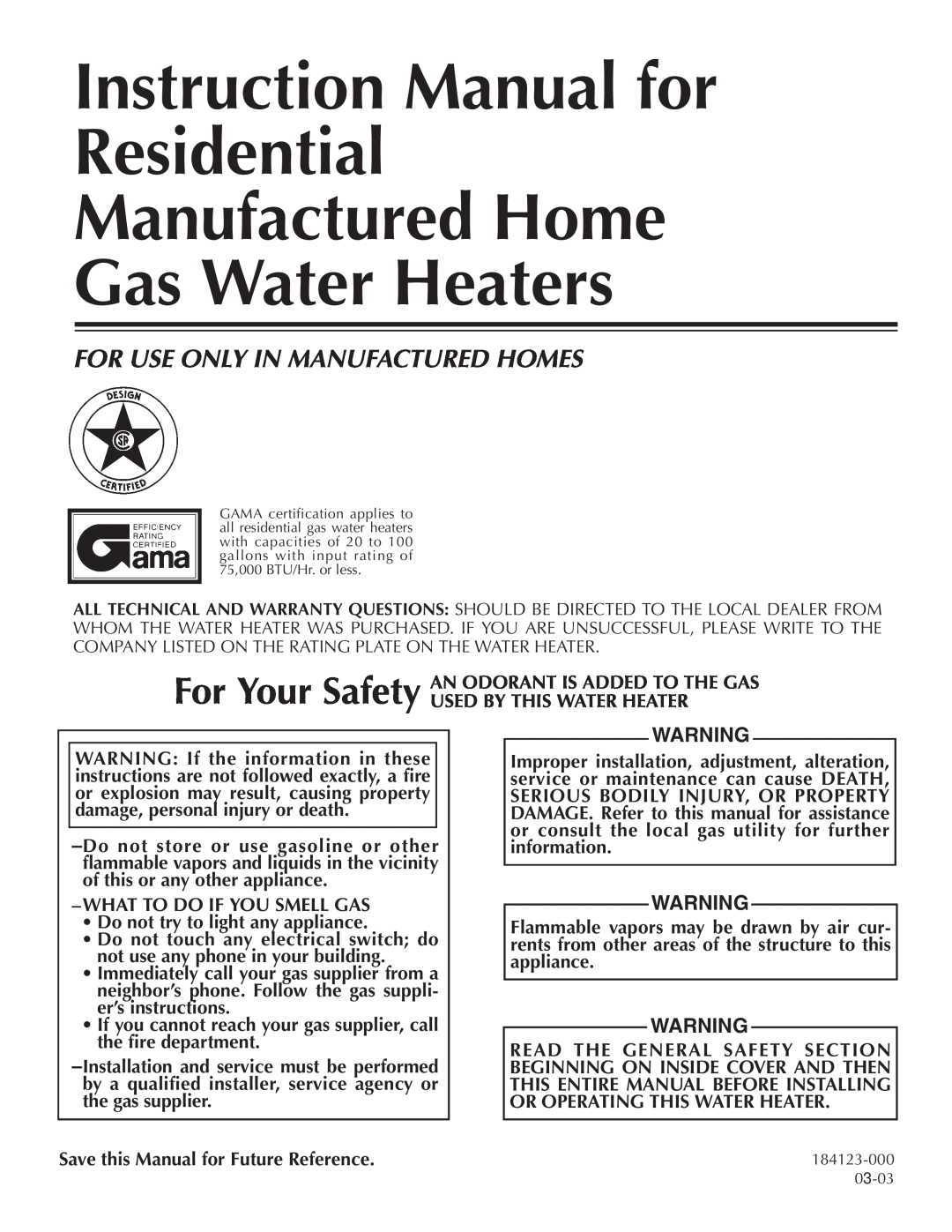 Reliance Water Heaters 184123-000 instruction manual For Use Only In Manufactured Homes 