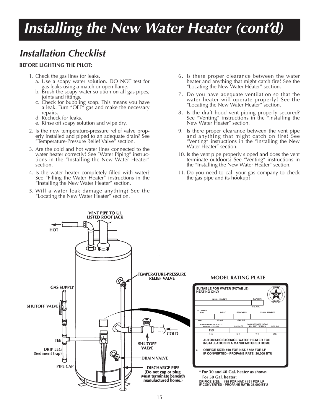 Reliance Water Heaters 184123-000 Installation Checklist, Installing the New Water Heater cont’d, Model Rating Plate 