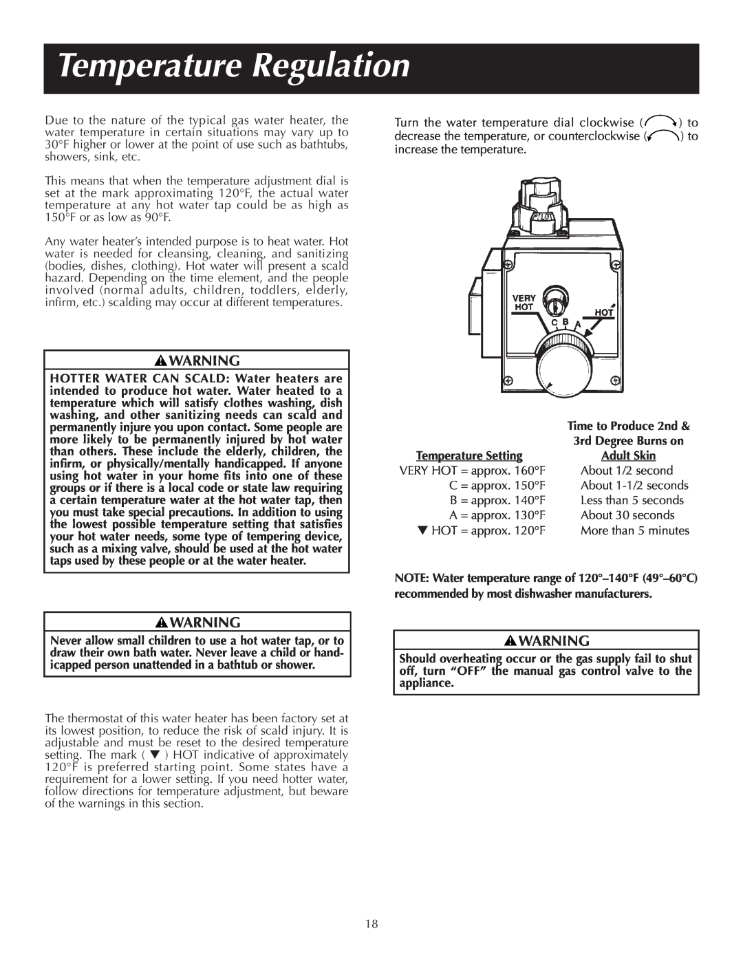 Reliance Water Heaters 184123-000 instruction manual Temperature Regulation, Temperature Setting 