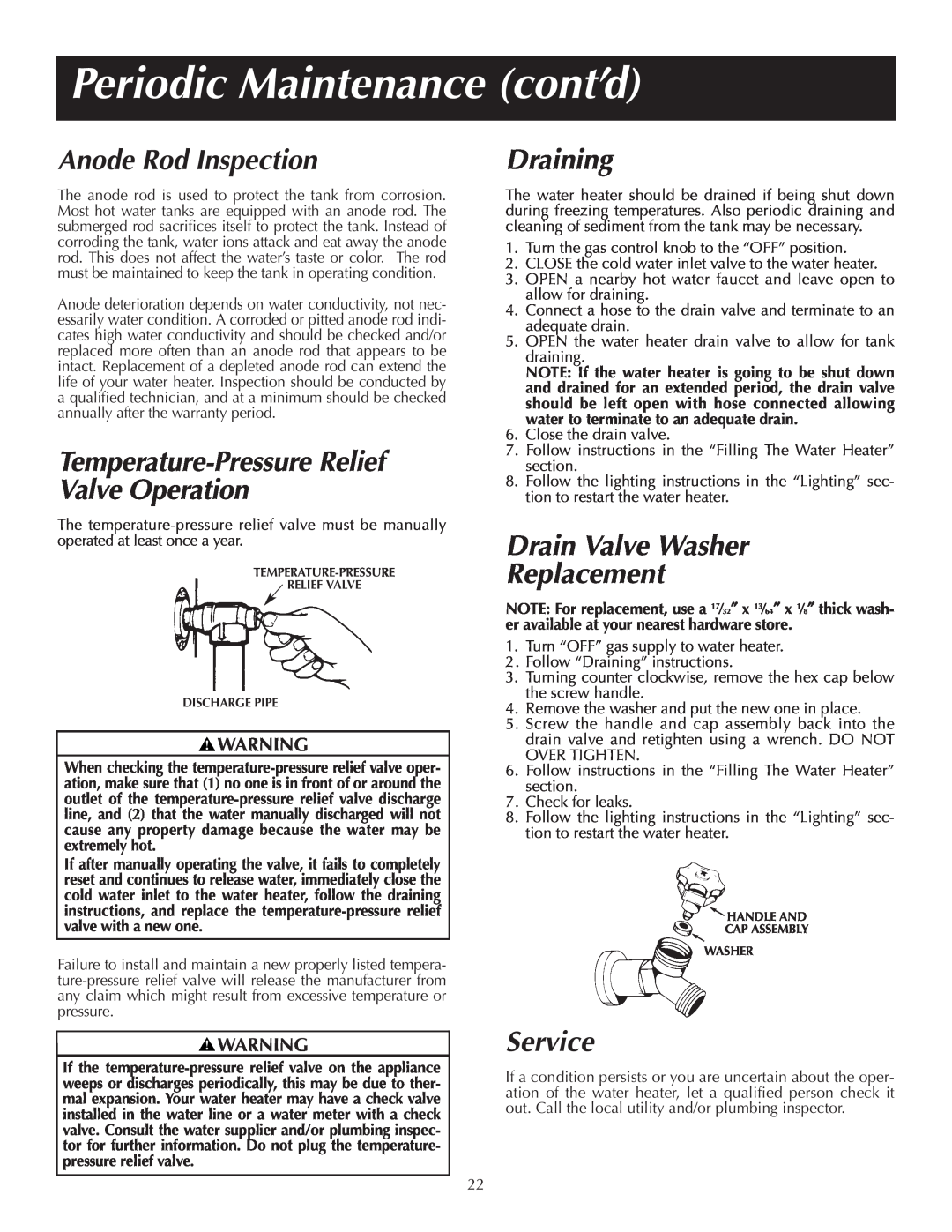 Reliance Water Heaters 184123-000 instruction manual Periodic Maintenance cont’d, Anode Rod Inspection, Draining, Service 