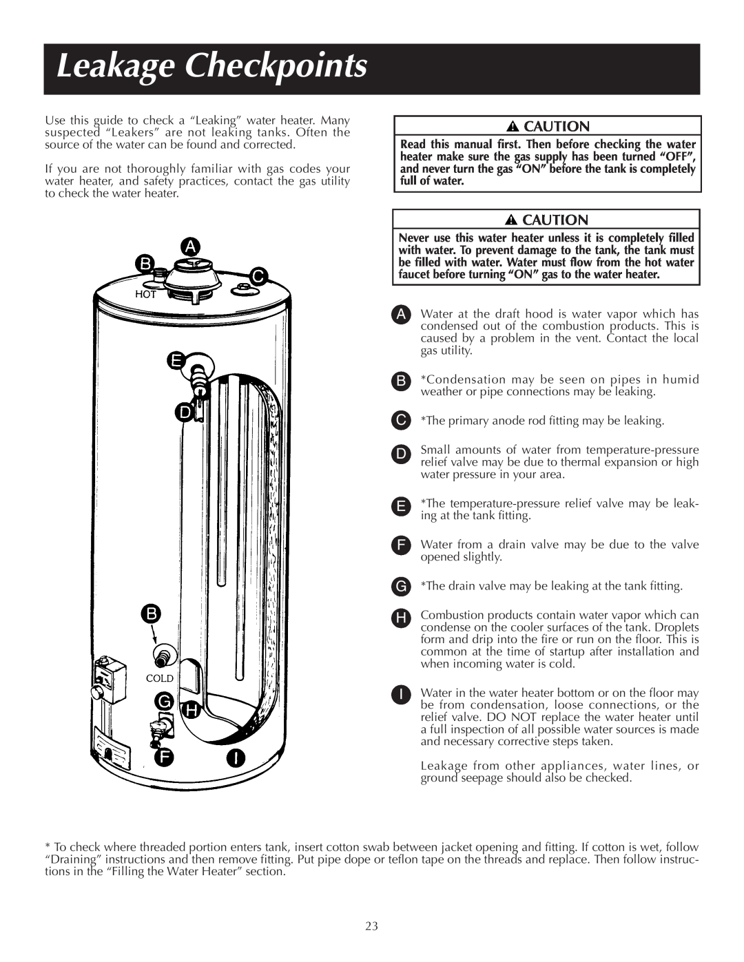 Reliance Water Heaters 184123-000 instruction manual Leakage Checkpoints 