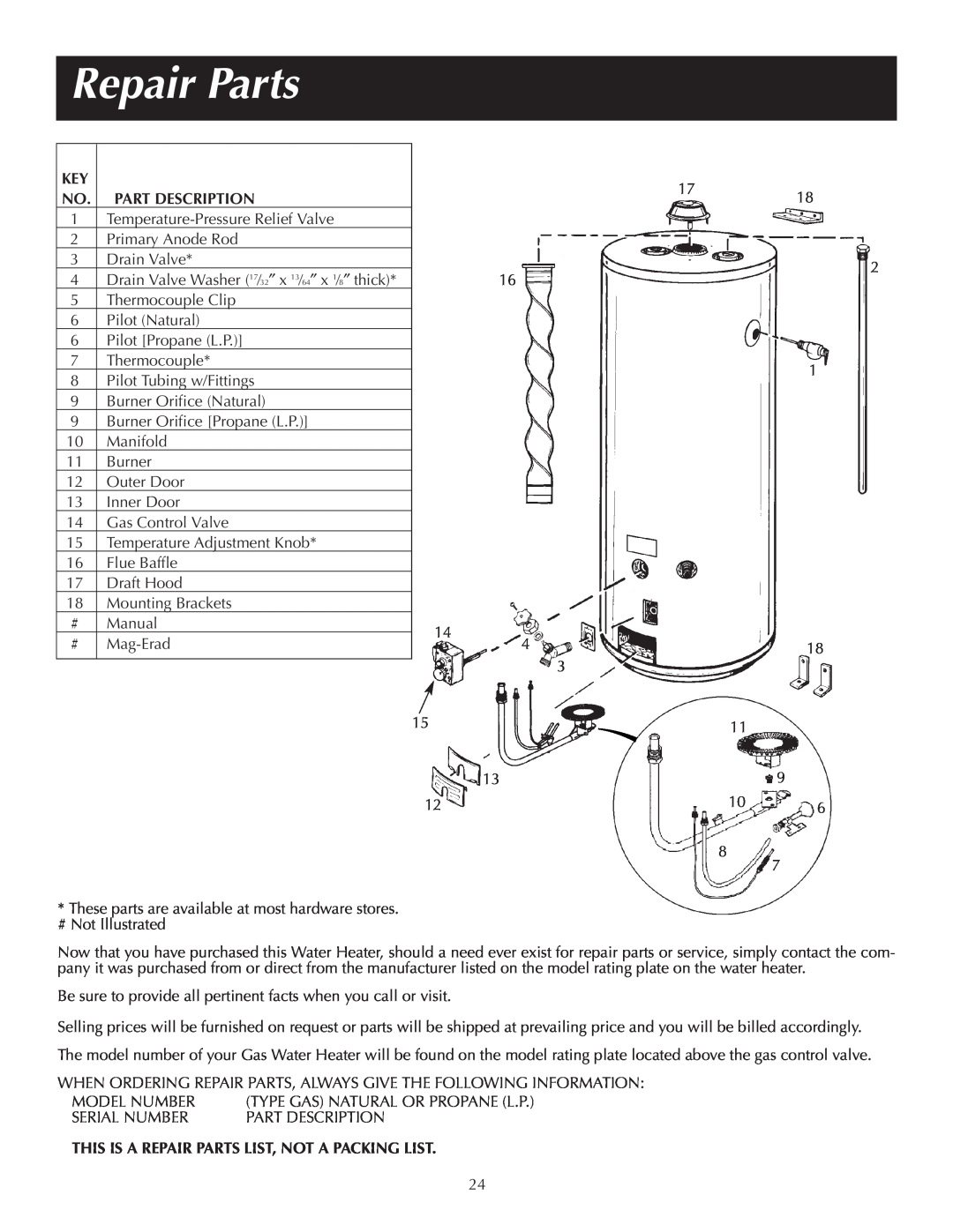 Reliance Water Heaters 184123-000 instruction manual Part Description, This Is A Repair Parts List, Not A Packing List 