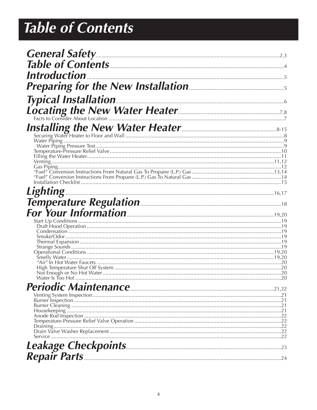 Reliance Water Heaters 184123-000 instruction manual Table of Contents 