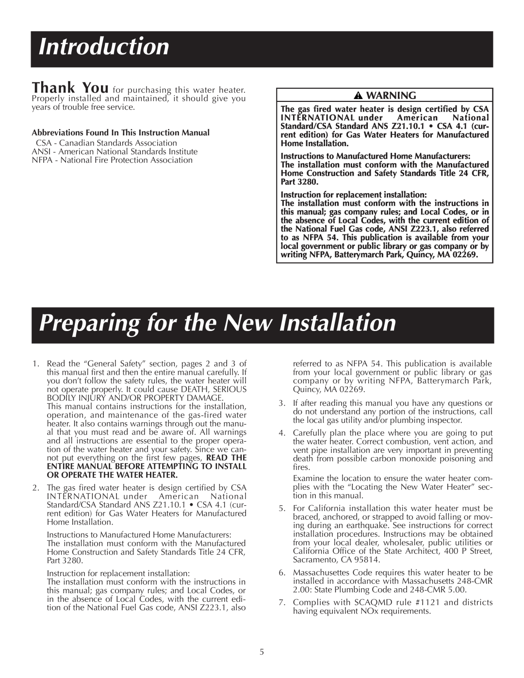 Reliance Water Heaters 184123-000 instruction manual Introduction, Preparing for the New Installation 