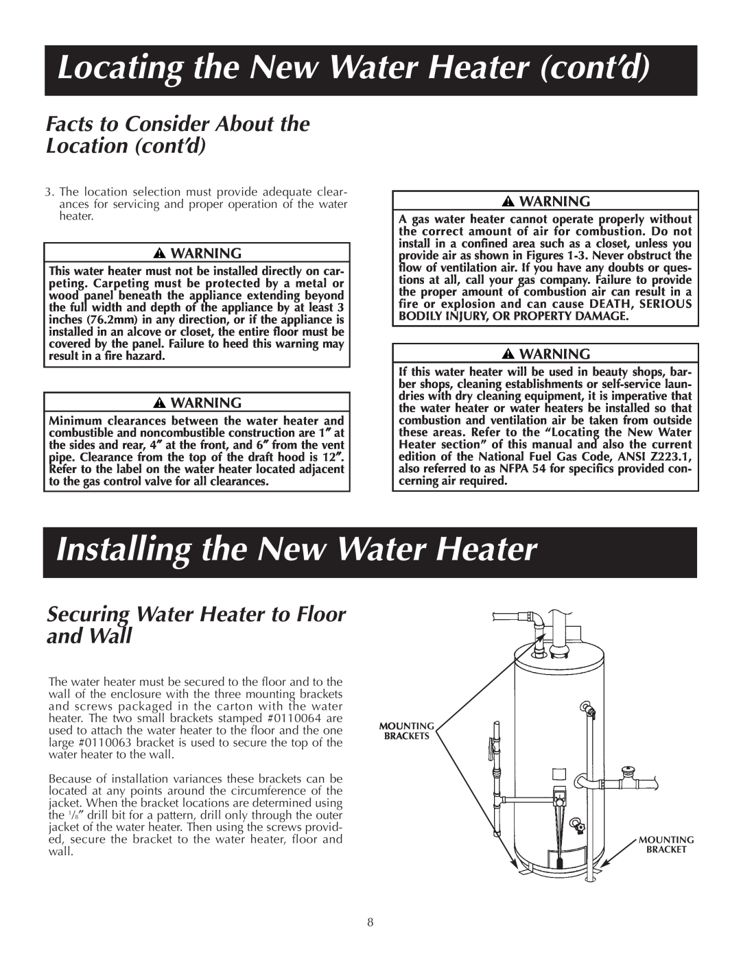 Reliance Water Heaters 184123-000 instruction manual Locating the New Water Heater cont’d, Installing the New Water Heater 