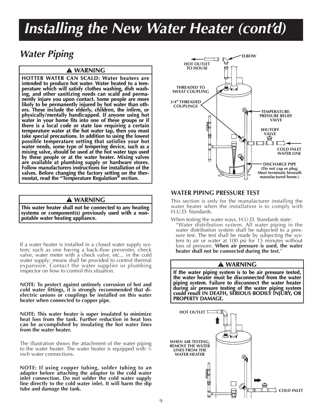 Reliance Water Heaters 184123-000 instruction manual Installing the New Water Heater cont’d, Water Piping 