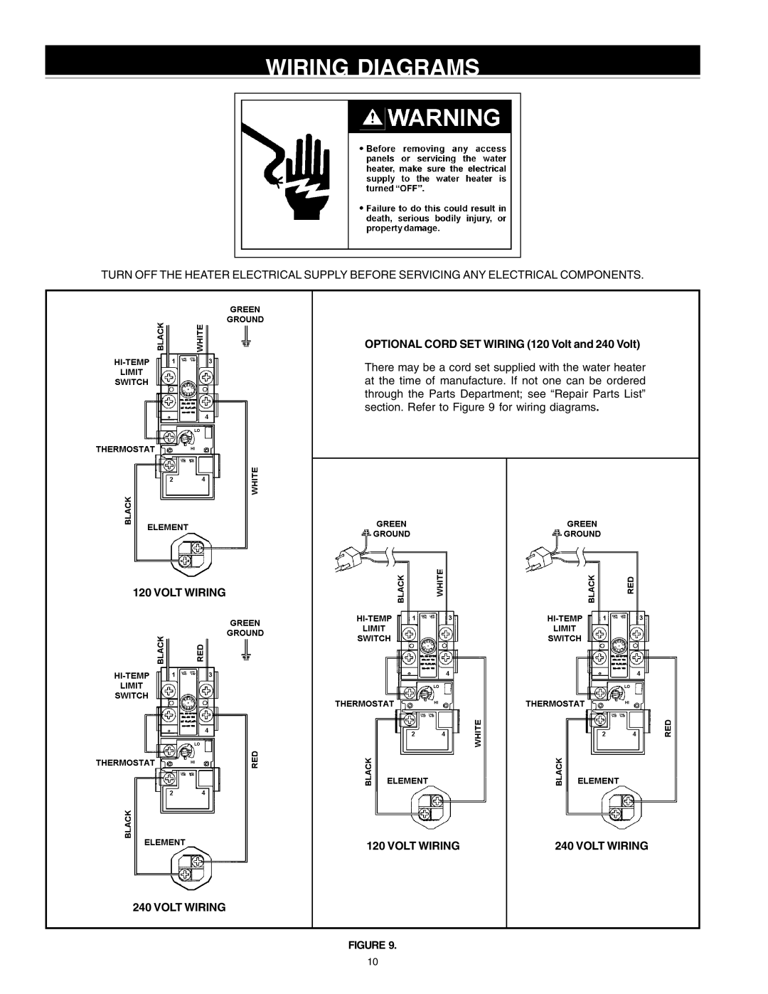 Reliance Water Heaters 184735-000 instruction manual Wiring Diagrams, Optional Cord SET Wiring 120 Volt and 240 Volt 