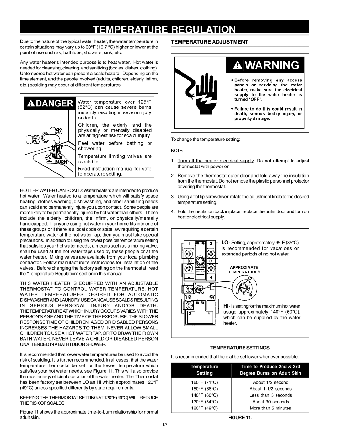 Reliance Water Heaters 184735-000 instruction manual Temperature Regulation, Temperature Adjustment 