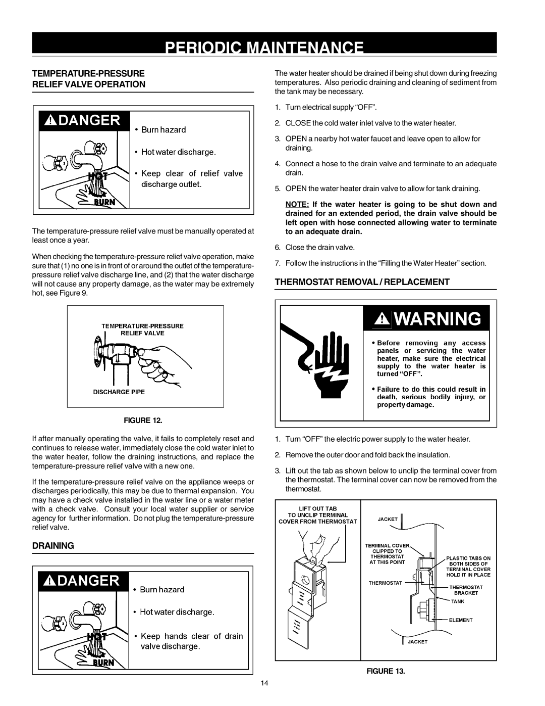 Reliance Water Heaters 184735-000 Periodic Maintenance, TEMPERATURE-PRESSURE Relief Valve Operation, Draining 