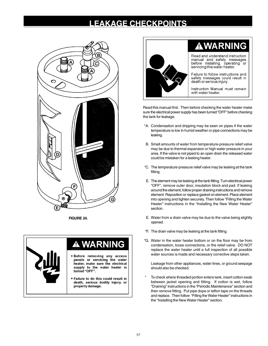 Reliance Water Heaters 184735-000 instruction manual Leakage Checkpoints 