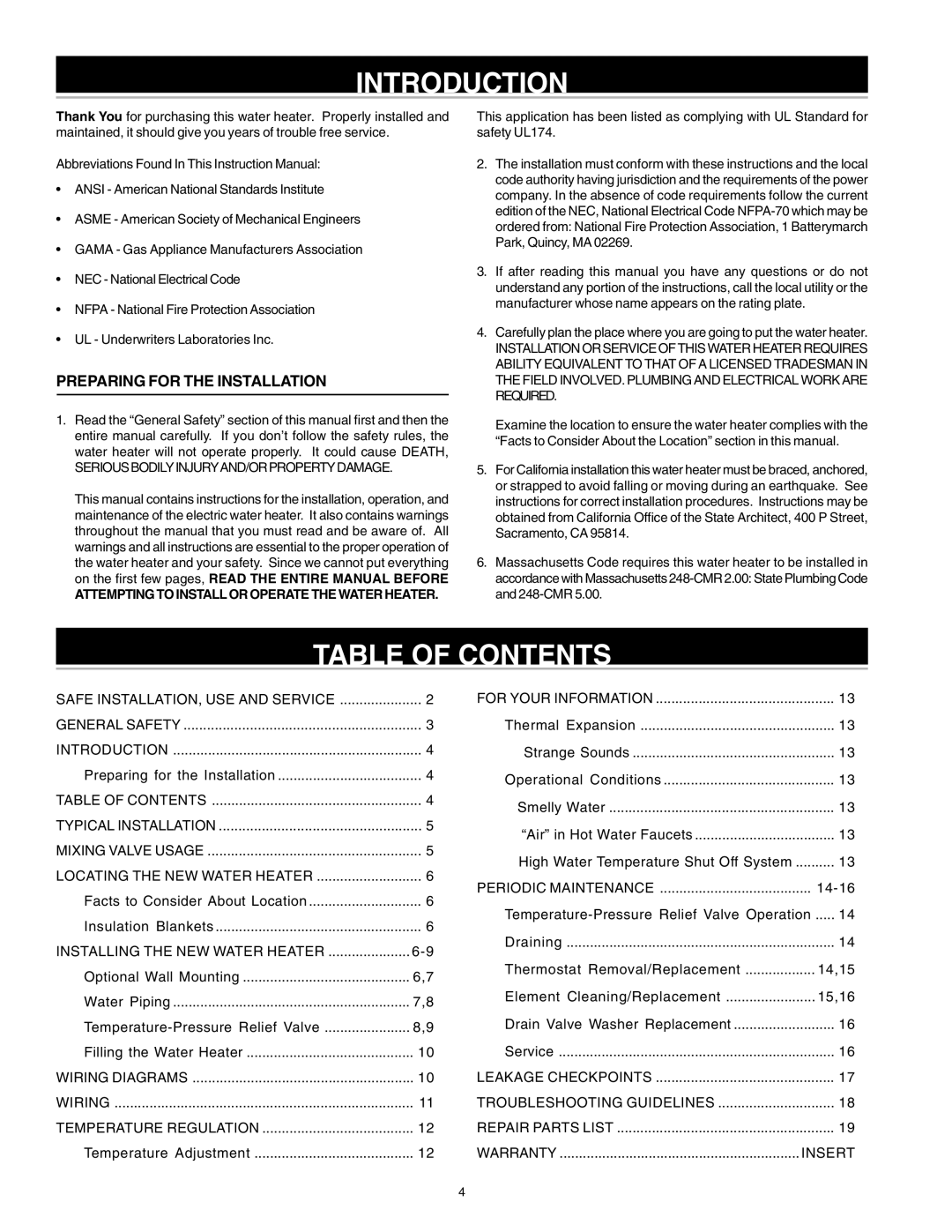 Reliance Water Heaters 184735-000 instruction manual Introduction, Table of Contents 