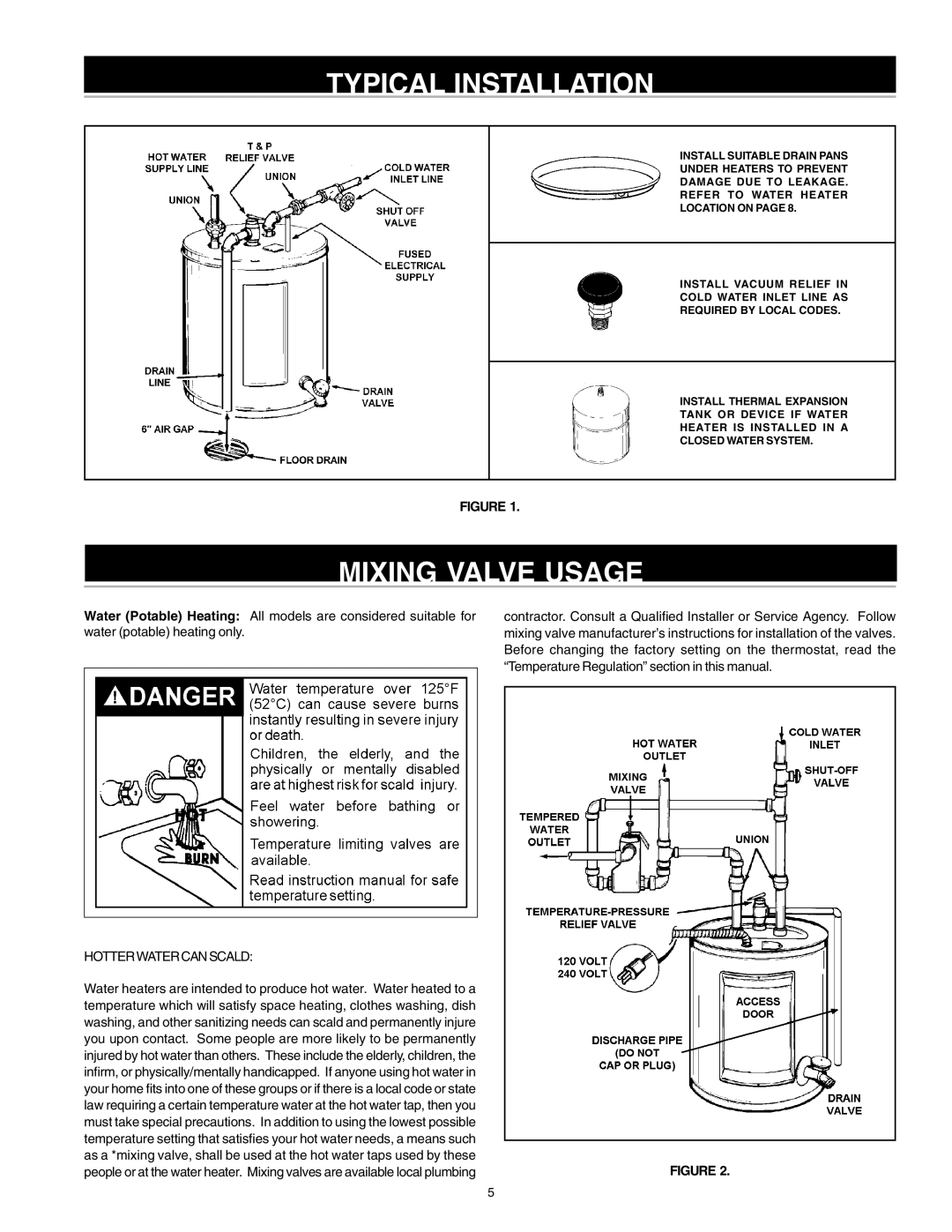 Reliance Water Heaters 184735-000 instruction manual Typical Installation, Mixing Valve Usage 