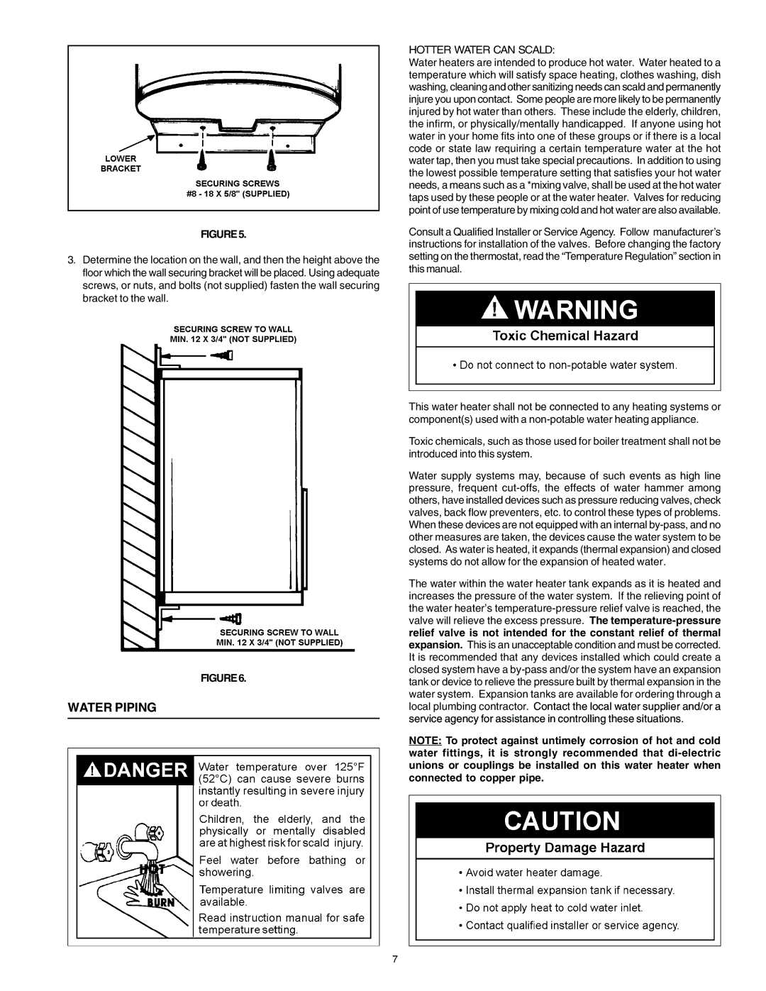 Reliance Water Heaters 184735-000 instruction manual Water Piping 