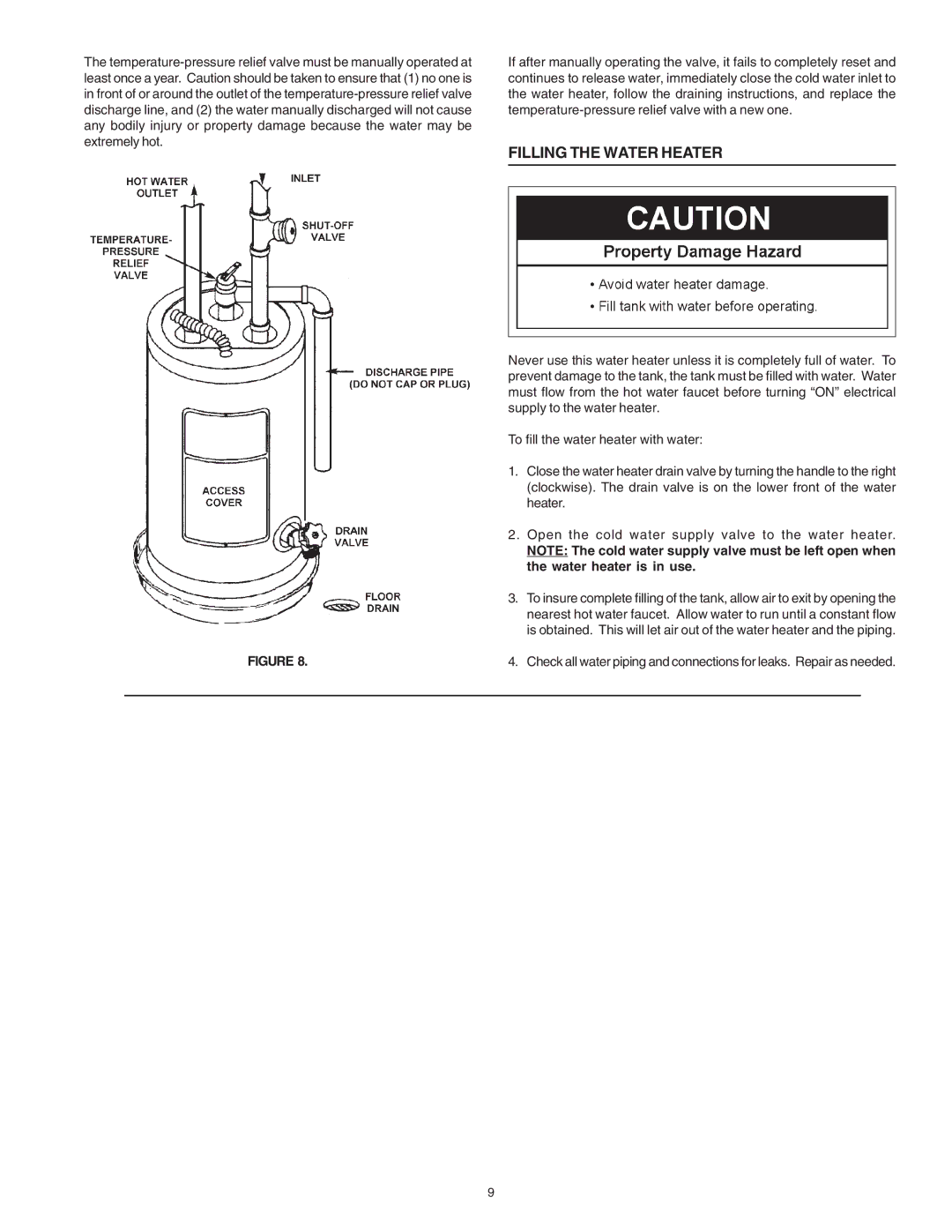 Reliance Water Heaters 184735-000 instruction manual Filling the Water Heater 