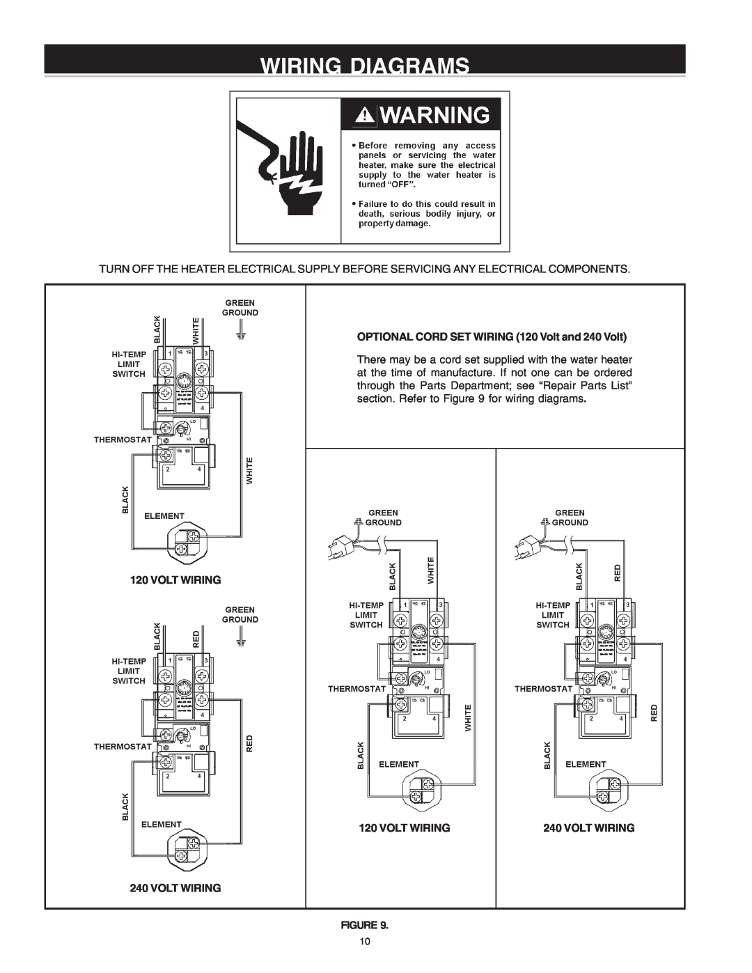 Reliance Water Heaters 184735-000 Wiring Diagrams, OPTIONAL CORD SET WIRING 120 Volt and 240 Volt, Volt Wiring 