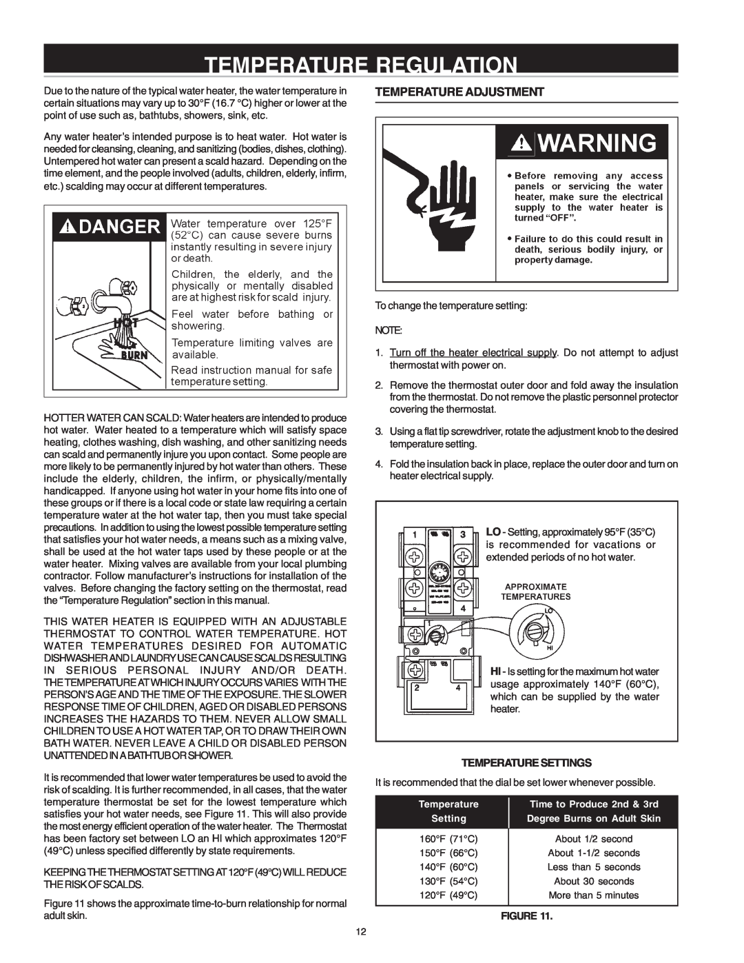 Reliance Water Heaters 184735-000 instruction manual Temperature Regulation, Temperature Adjustment, Temperature Settings 