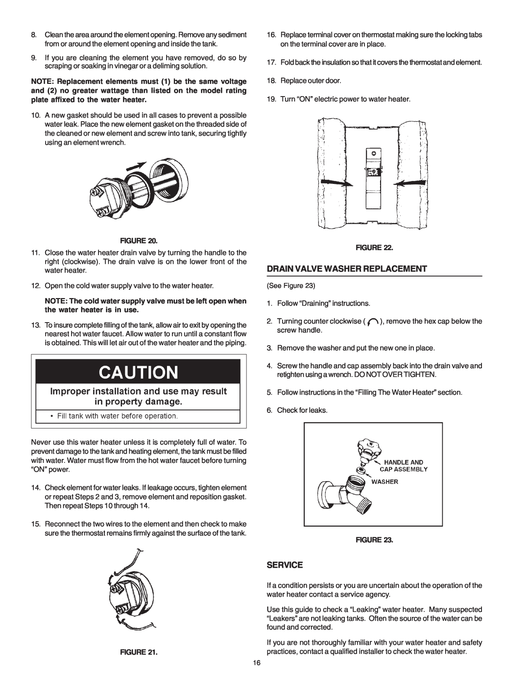 Reliance Water Heaters 184735-000 instruction manual Drain Valve Washer Replacement, Service 