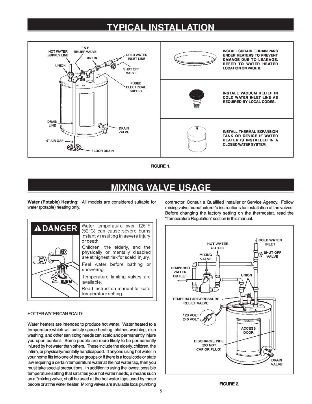 Reliance Water Heaters 184735-000 instruction manual Typical Installation, Mixing Valve Usage, Install Suitable Drain Pans 