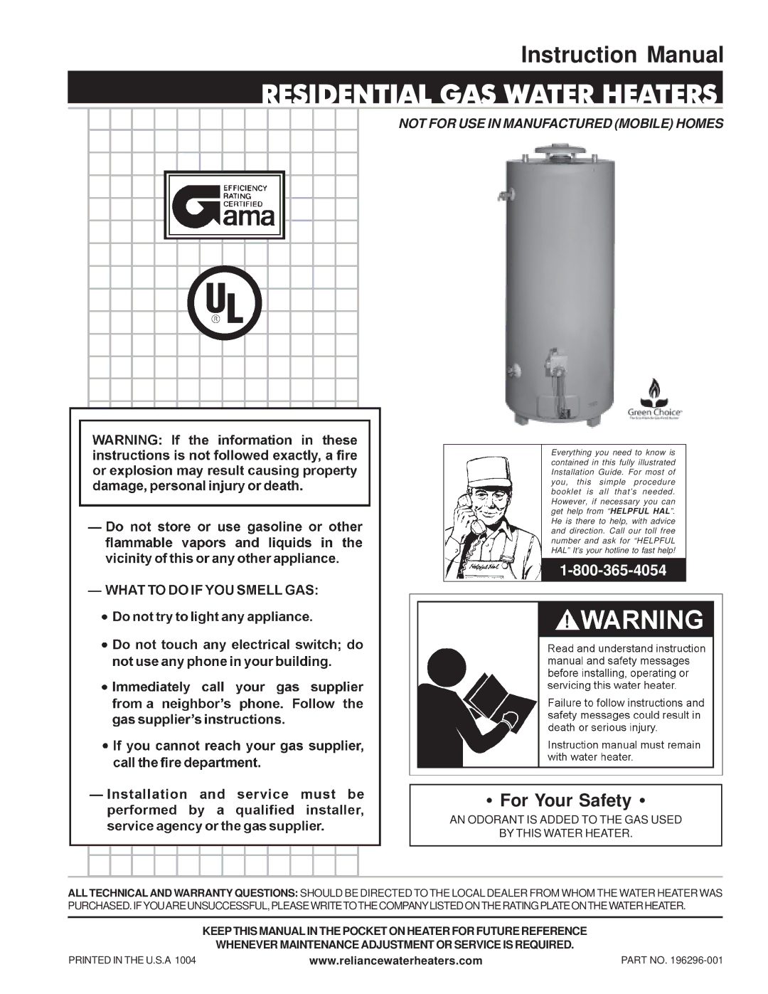 Reliance Water Heaters 606 Series, 196296-001 instruction manual Residential GAS Water Heaters 