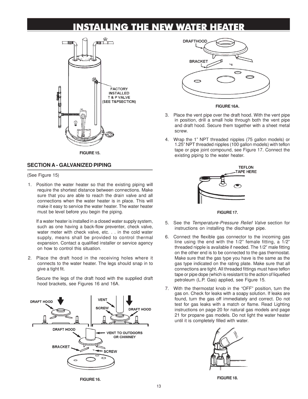 Reliance Water Heaters 606 Series, 196296-001 Installing the NEW Water Heater, Section a Galvanized Piping 