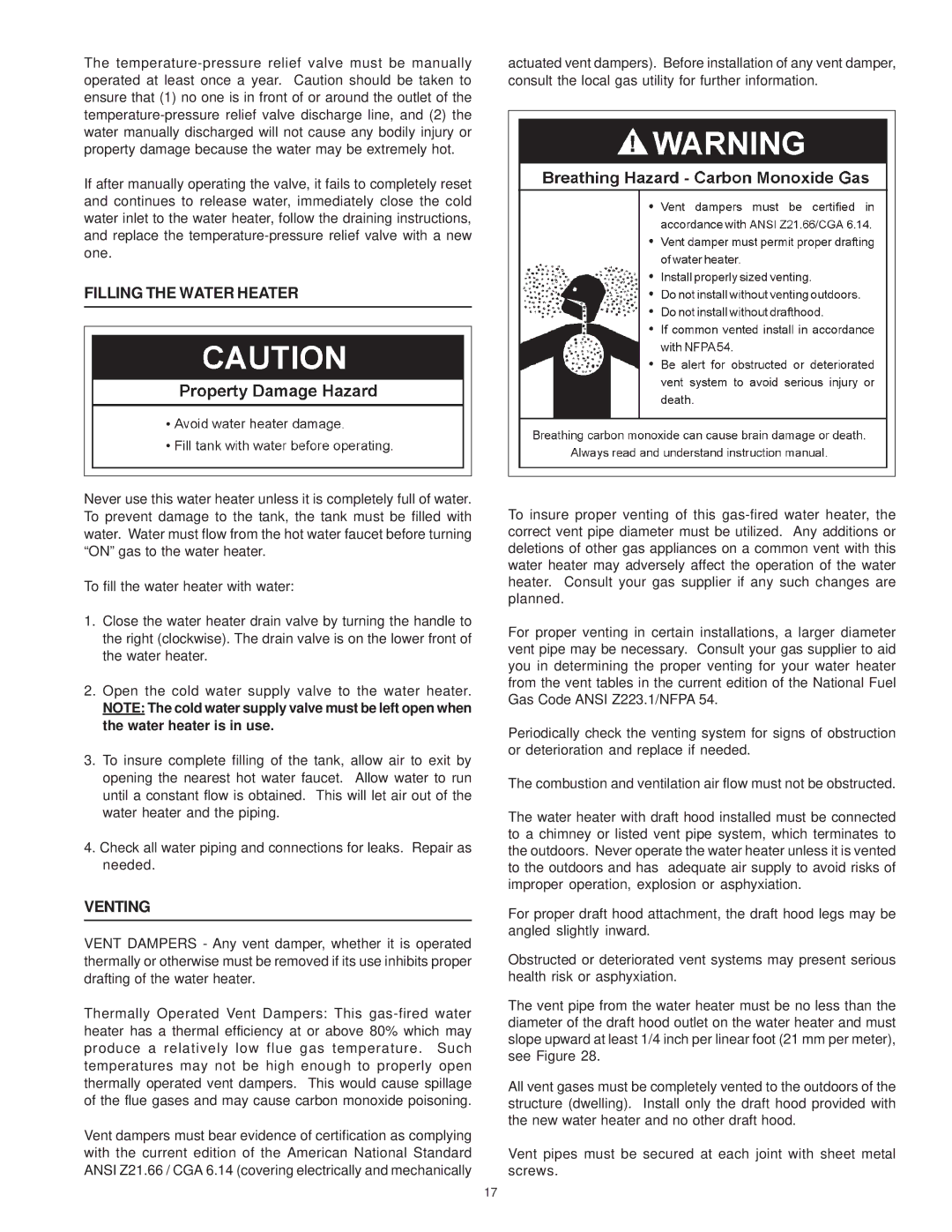 Reliance Water Heaters 606 Series, 196296-001 instruction manual Filling the Water Heater, Venting 