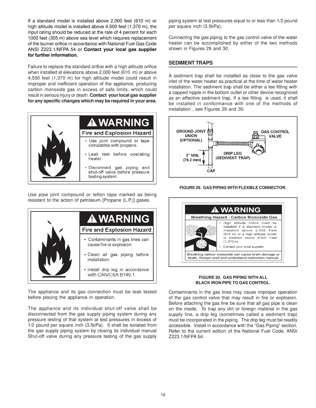 Reliance Water Heaters 606 Series, 196296-001 instruction manual Sediment Traps, GAS Piping with Flexible Connector 