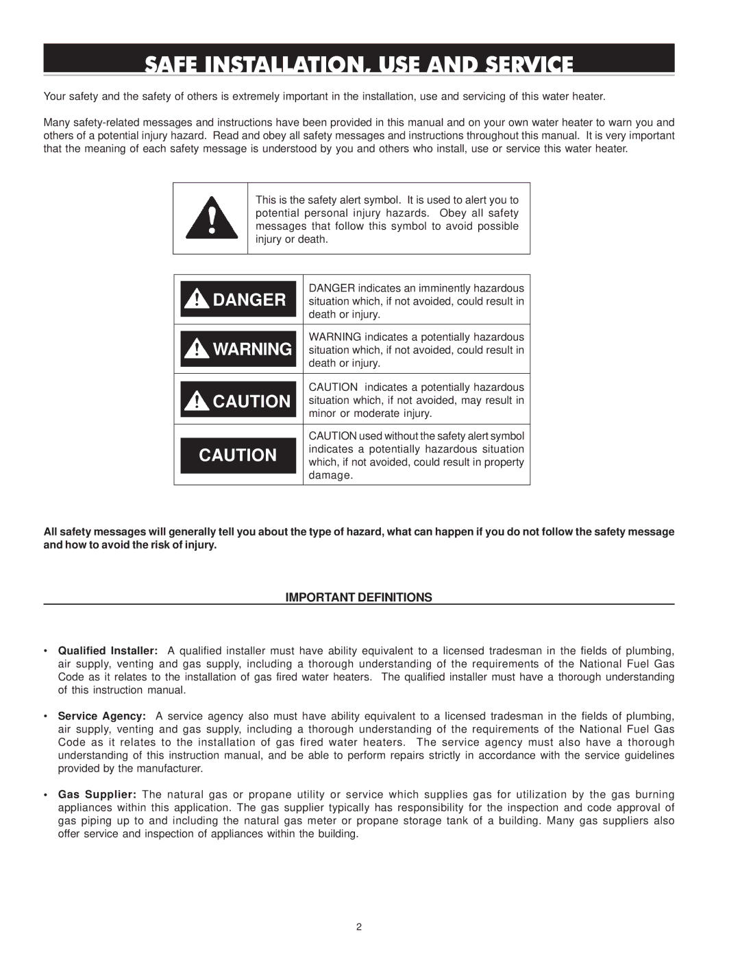 Reliance Water Heaters 196296-001, 606 Series instruction manual Safe INSTALLATION, USE and Service, Important Definitions 