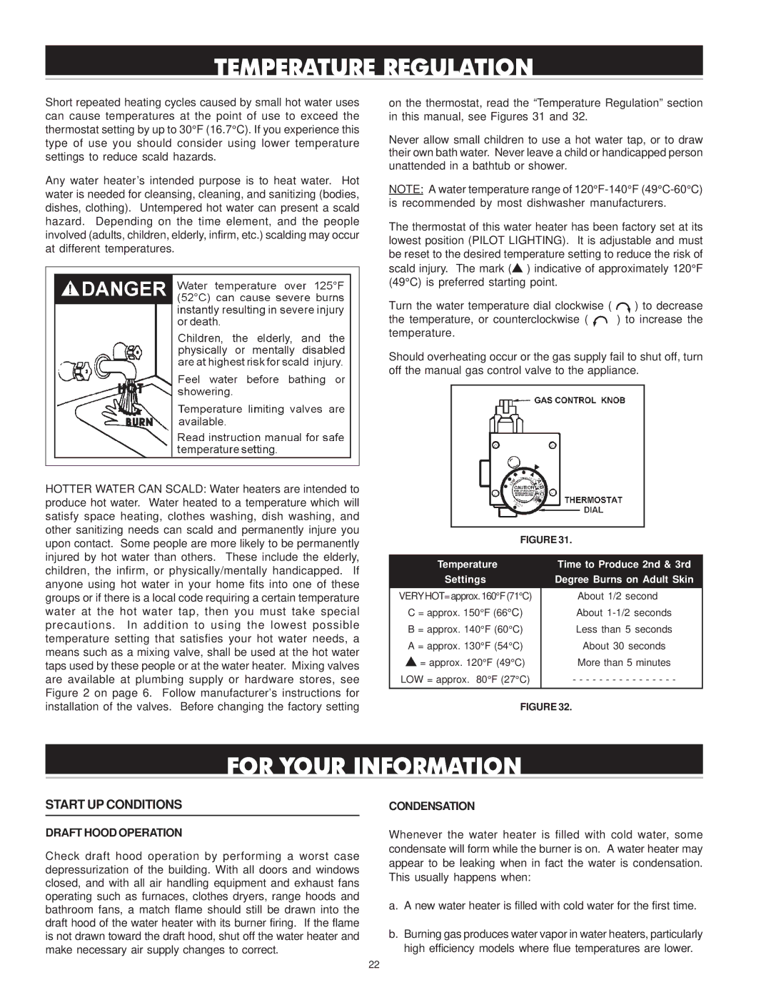 Reliance Water Heaters 196296-001 Temperature Regulation, For Your Information, Start UP Conditions, Draft Hood Operation 