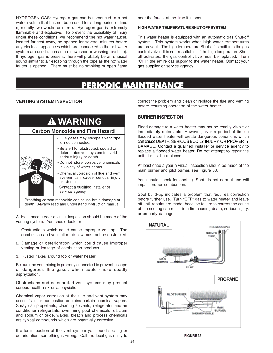 Reliance Water Heaters 196296-001 Periodic Maintenance, Venting System Inspection, Burner Inspection, Natural Propane 