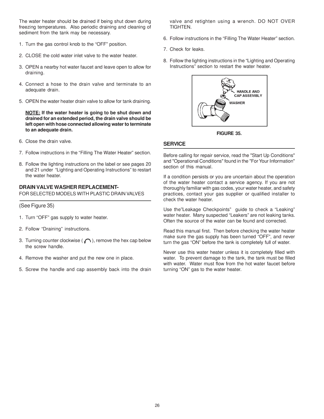 Reliance Water Heaters 196296-001, 606 Series instruction manual Drain Valve Washer Replacement, Service 