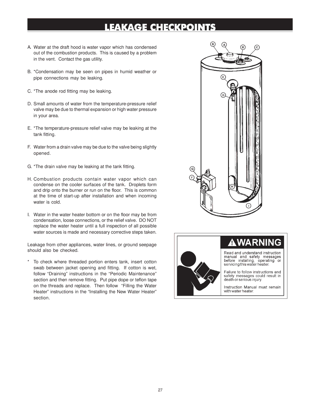 Reliance Water Heaters 606 Series, 196296-001 instruction manual Leakage Checkpoints 