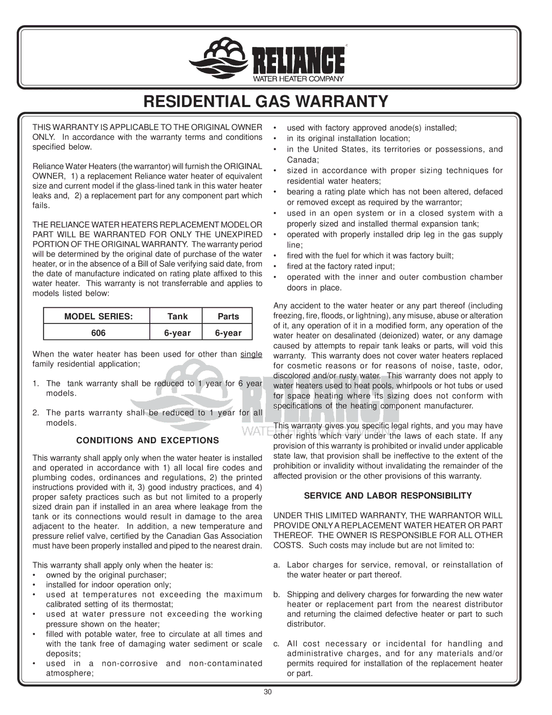 Reliance Water Heaters 196296-001, 606 Series Model Series, Conditions and Exceptions, Service and Labor Responsibility 