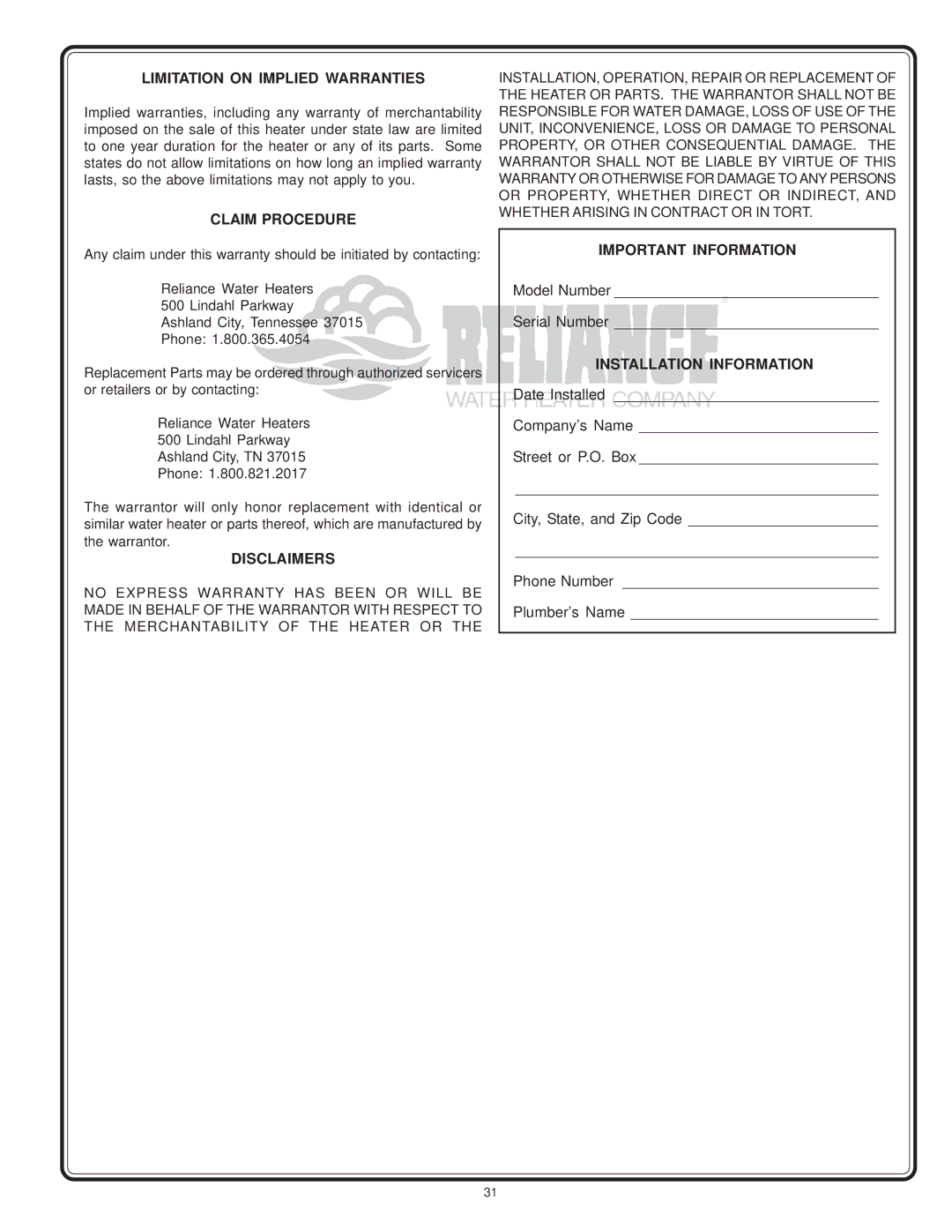 Reliance Water Heaters 606 Series Limitation on Implied Warranties, Claim Procedure, Disclaimers, Important Information 