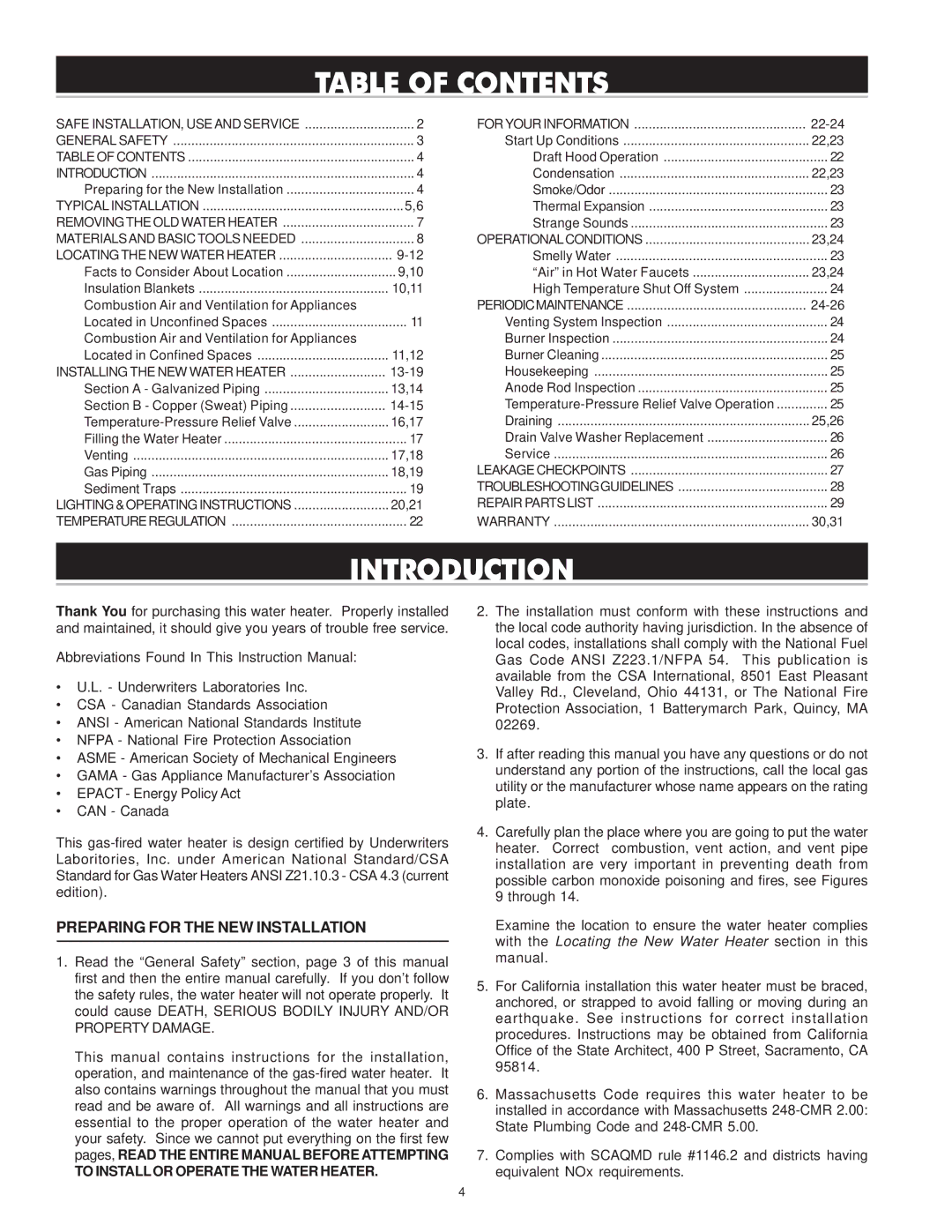 Reliance Water Heaters 196296-001, 606 Series instruction manual Table of Contents, Introduction 