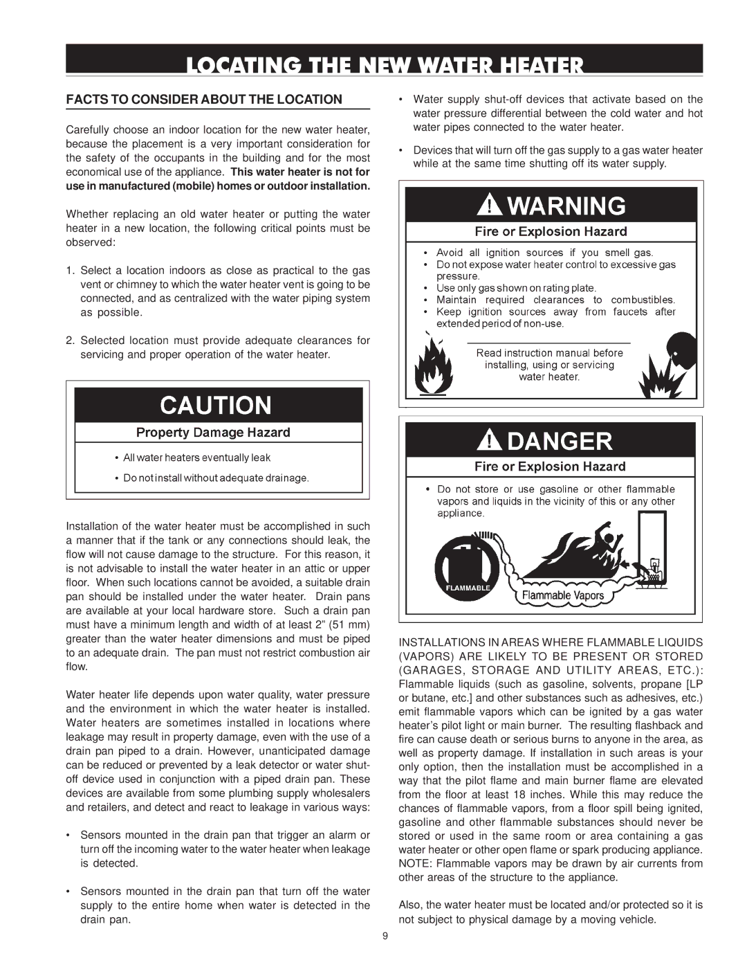 Reliance Water Heaters 606 Series, 196296-001 Locating the NEW Water Heater, Facts to Consider about the Location 