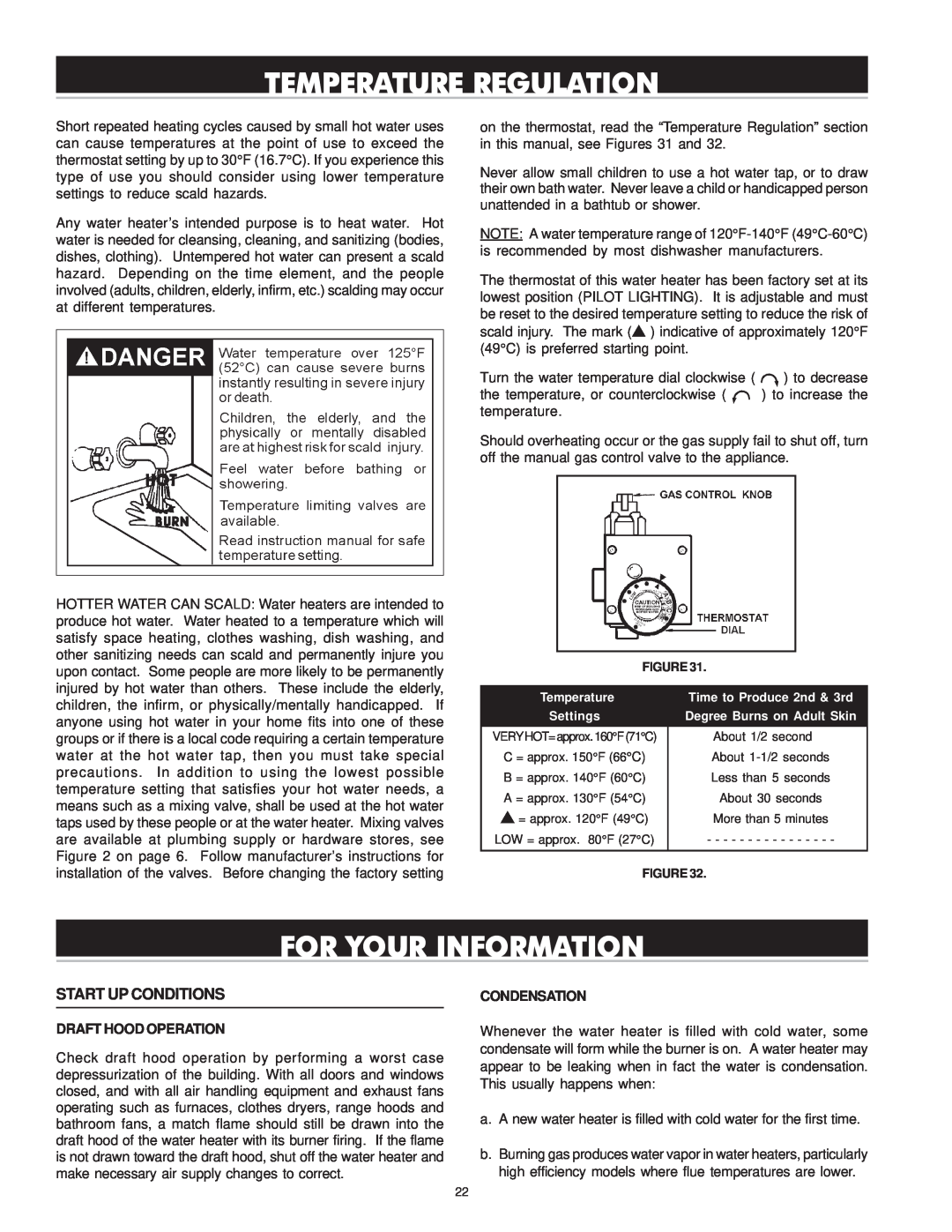 Reliance Water Heaters 196296-001 Temperature Regulation, For Your Information, Start Up Conditions, Draft Hood Operation 