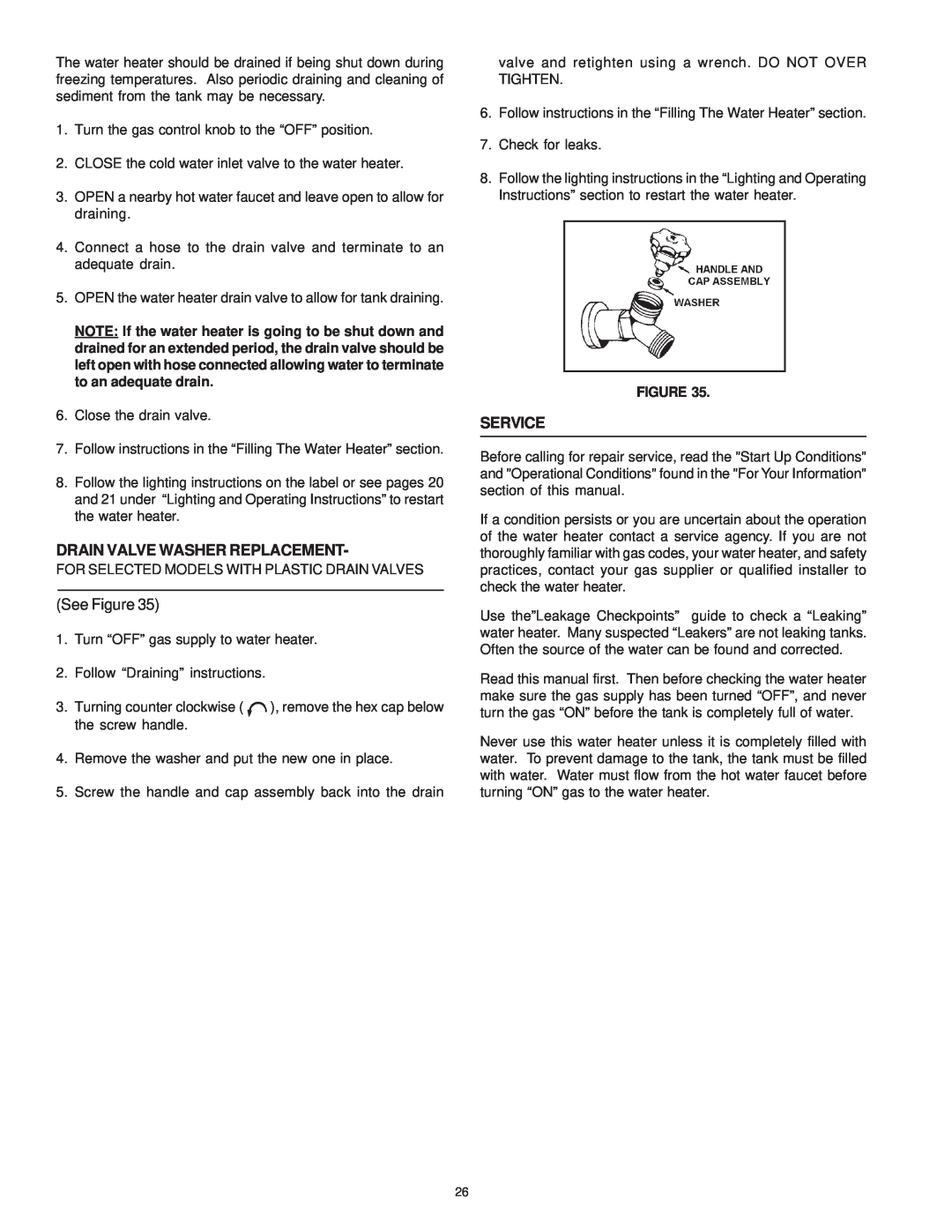 Reliance Water Heaters 196296-001, 606 Series instruction manual Drain Valve Washer Replacement, See Figure, Service 