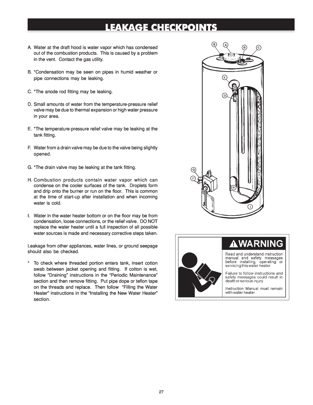 Reliance Water Heaters 606 Series, 196296-001 instruction manual Leakage Checkpoints 