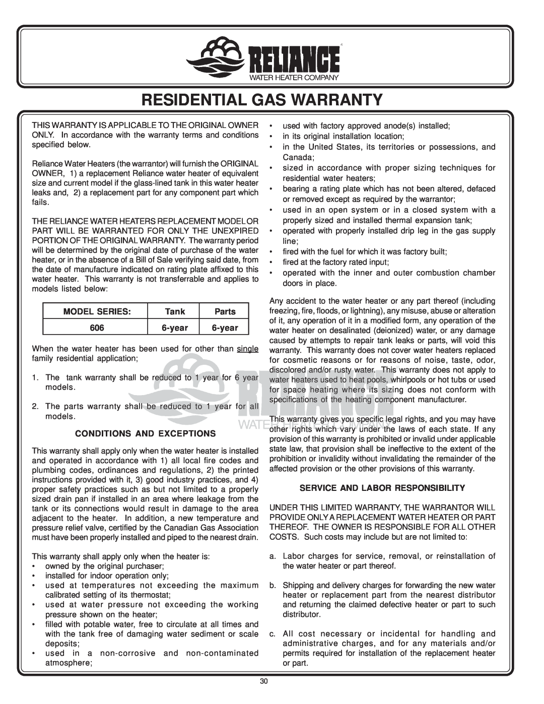 Reliance Water Heaters 196296-001 Residential Gas Warranty, Model Series, Tank, Parts, year, Conditions And Exceptions 