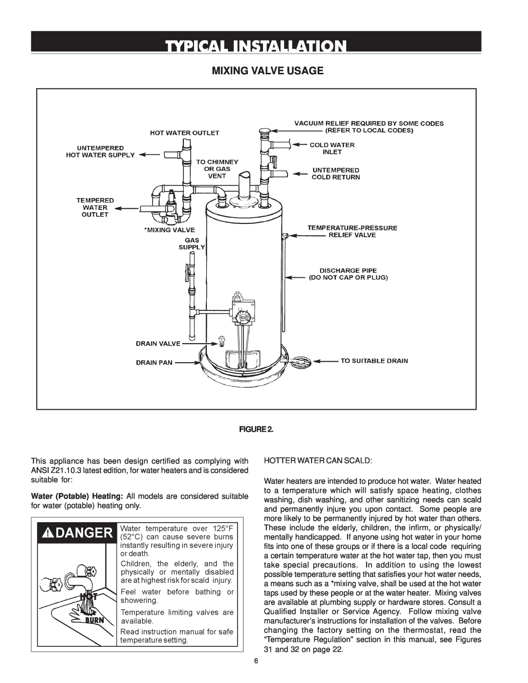 Reliance Water Heaters 196296-001, 606 Series instruction manual Mixing Valve Usage, Typical Installation 